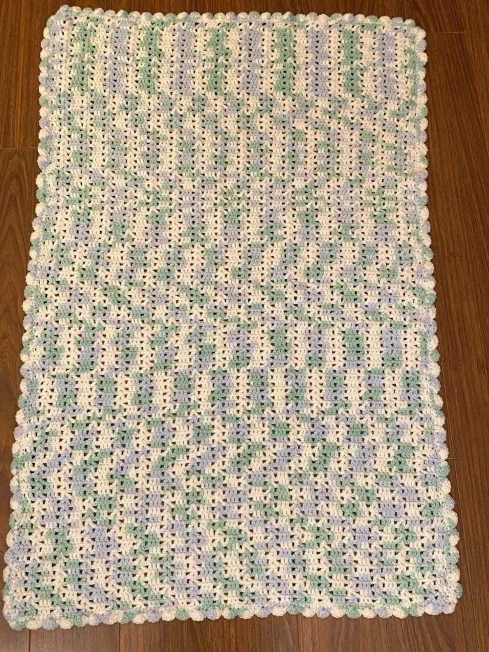 Handmade Crocheted Baby Blanket Afghan Mint Green Blue White